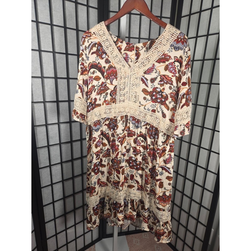 Cato Large Boho Crochet Lace Paisley Floral Mini Dress Cream Rust Orange Women